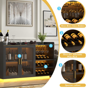 Wine Bar Cabinet with LED Lights, Glass Doors & Removable Wine Racks