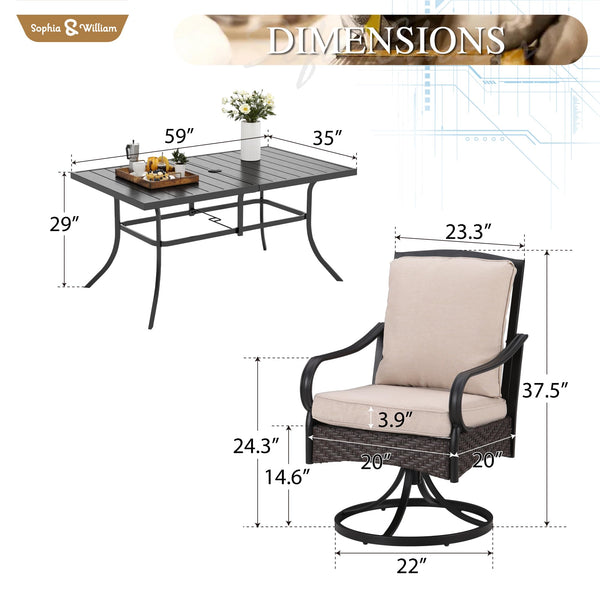 7-Piece Outdoor Patio Dining Set with Swivel Chairs & Rectangular Table