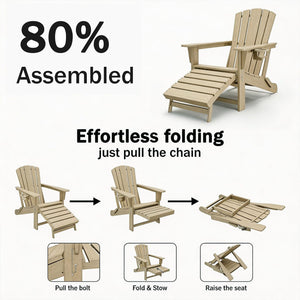 Folding Adirondack Chair with Retractable Ottoman & Cup Holder — HDPE All-Weather Outdoor Lounge Chair