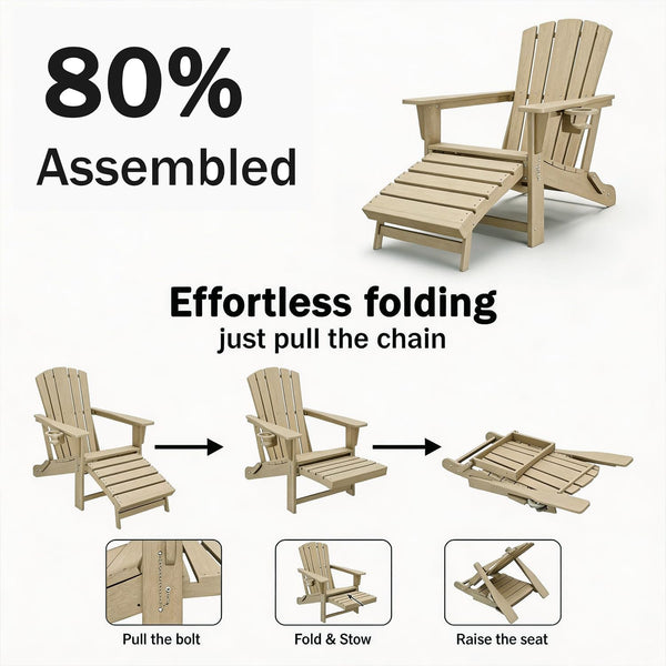 Folding Adirondack Chair with Retractable Ottoman & Cup Holder — HDPE All-Weather Outdoor Lounge Chair