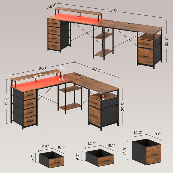 L-Shaped Computer Desk with File Cabinet, Power Outlets & LED Lights