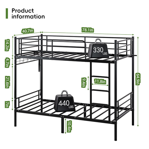 Twin Over Twin Metal Bunk Bed with USB Charging, LED Lights & Storage