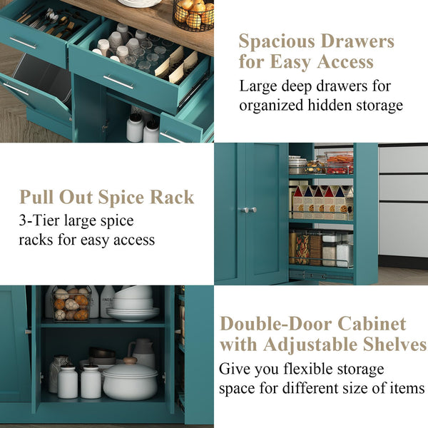 53" Rolling Kitchen Island with Trash Can Storage & Spice Rack