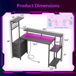 Gaming Desk with LED Lights, Power Outlets & Storage Drawers