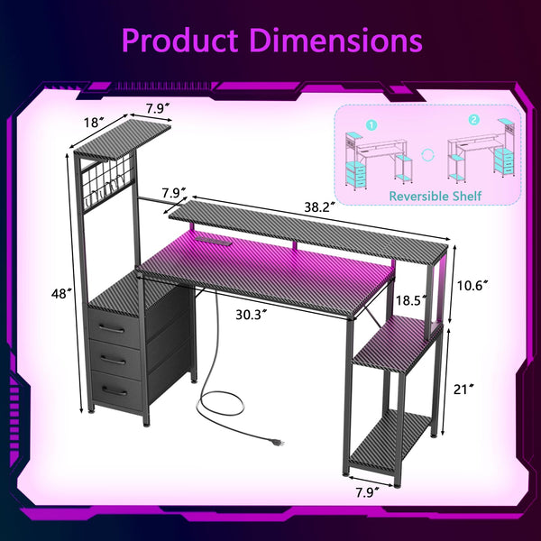 Gaming Desk with LED Lights, Power Outlets & Storage Drawers