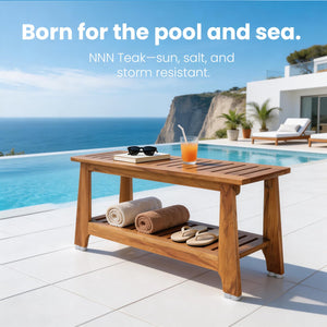 NNN 24" Commercial Teak Shower Bench - 8 Non-Slip Leveling Feet & 350 lbs Capacity | Rock-Solid Stability for Seniors & Spa Safety | Waterproof Design for Saunas/Outdoor Pools (Patented)