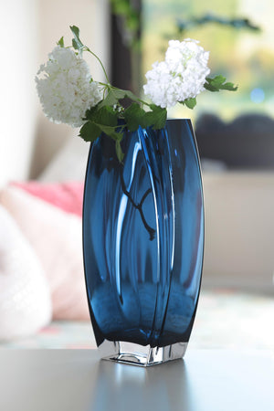 Blue Teal Glass Vase 10.25" Tall Oblong Decorative Flower Vase