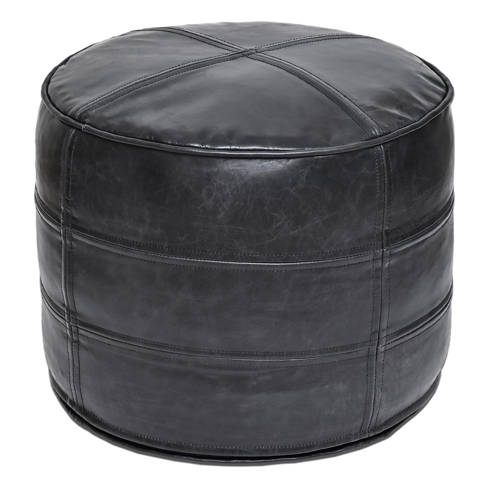 Leather Pouf Ottoman – Round Footstool, Black, 18"x18"x14"