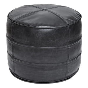 Leather Pouf Ottoman – Round Footstool, Black, 18"x18"x14"