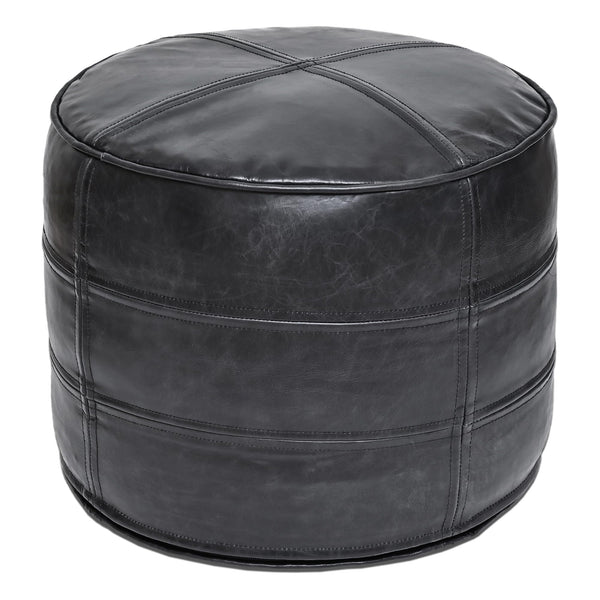 Leather Pouf Ottoman – Round Footstool, Black, 18"x18"x14"