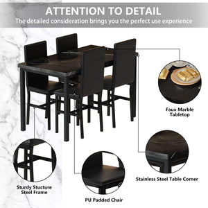 5-Piece Faux Marble Dining Table Set with 4 PU Leather Chairs
