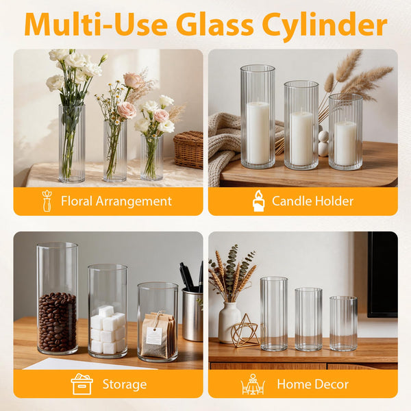 Ribbed Glass Vases Set of 24 – Bulk Clear Glass Centerpiece Vases with Assorted Heights