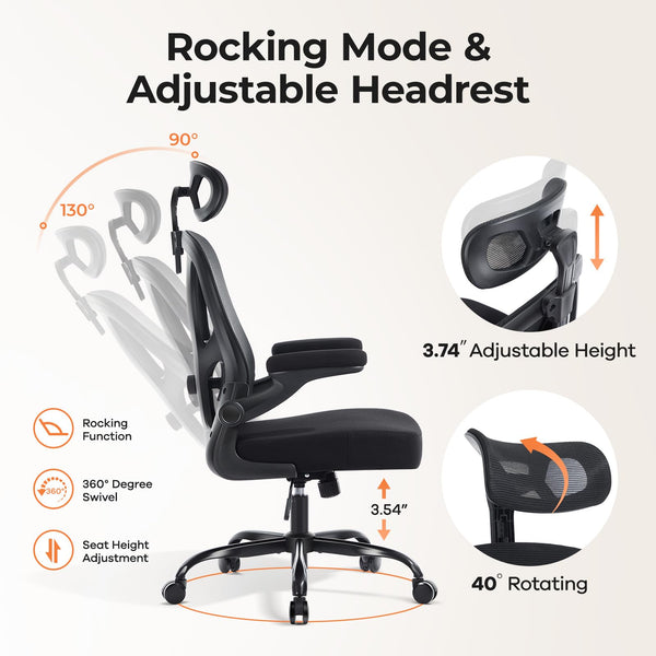 Ergonomic Mesh High Back Office Chair with Lumbar Support & Flip-Up Armrests