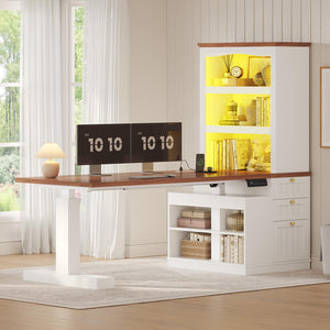 Electric Standing Desk with Bookcase, Drawers & Power Outlets