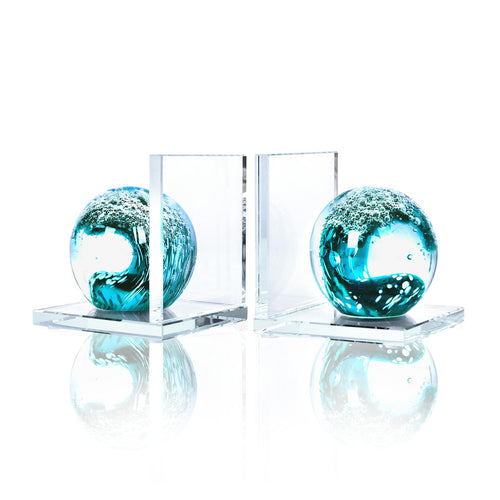 Glass Sea Wave Bookends Set of 2