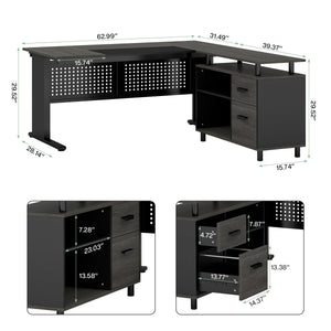 L-Shaped Executive Desk with File Cabinet and Storage Shelves