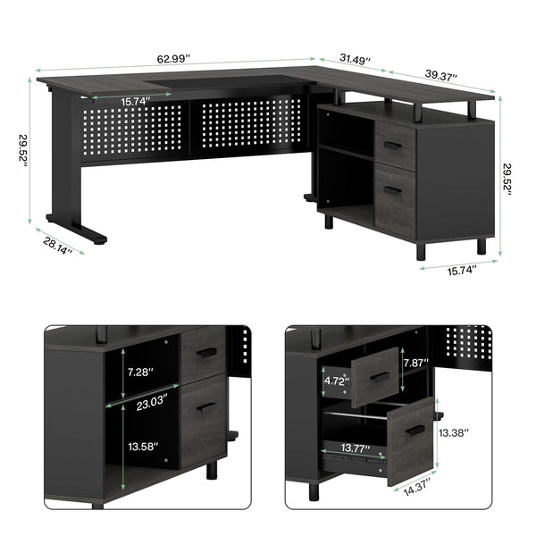 L-Shaped Executive Desk with File Cabinet and Storage Shelves