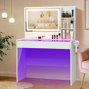 Vanity Desk with Mirror, LED Lights, 2 Drawers & Power Outlet