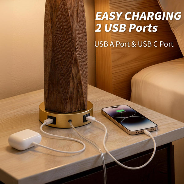 Wood Grain Resin Table Lamps Set of 2 with USB Charging Ports
