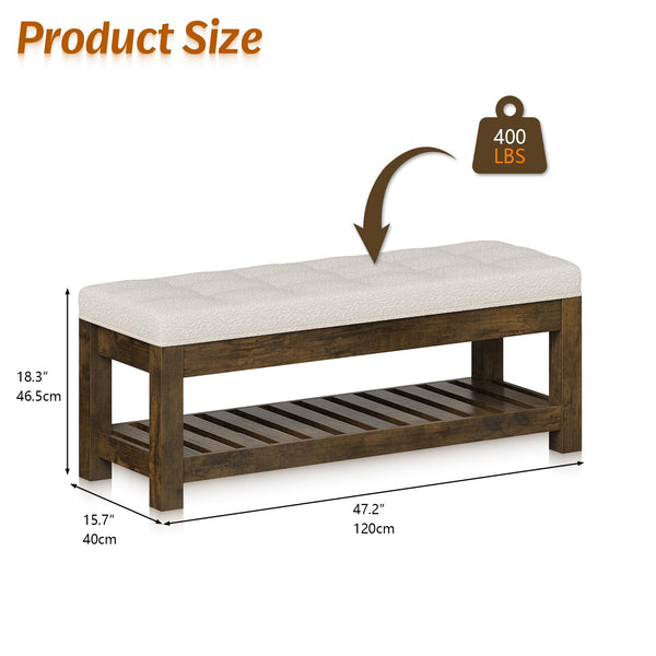 Tufted Linen Ottoman Bench with Wood Shelf