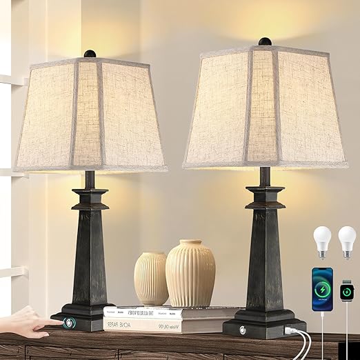 Farmhouse Touch Table Lamps Set of 2 with USB Charging Ports & Dimmable LED Bulbs