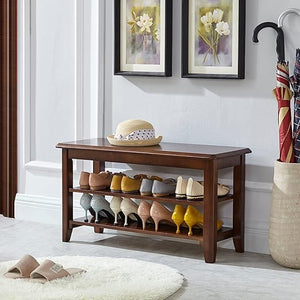 Solid Wood Shoe Storage Bench with 2-Tier Shelf