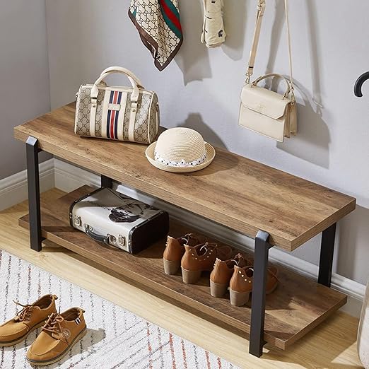 Entryway Bench with Shoe Storage | Wood & Metal Frame | 47 Inch