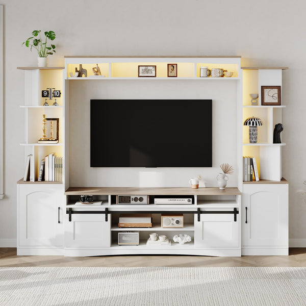 101" Wall Unit Entertainment Center with LED & Sliding Doors – White