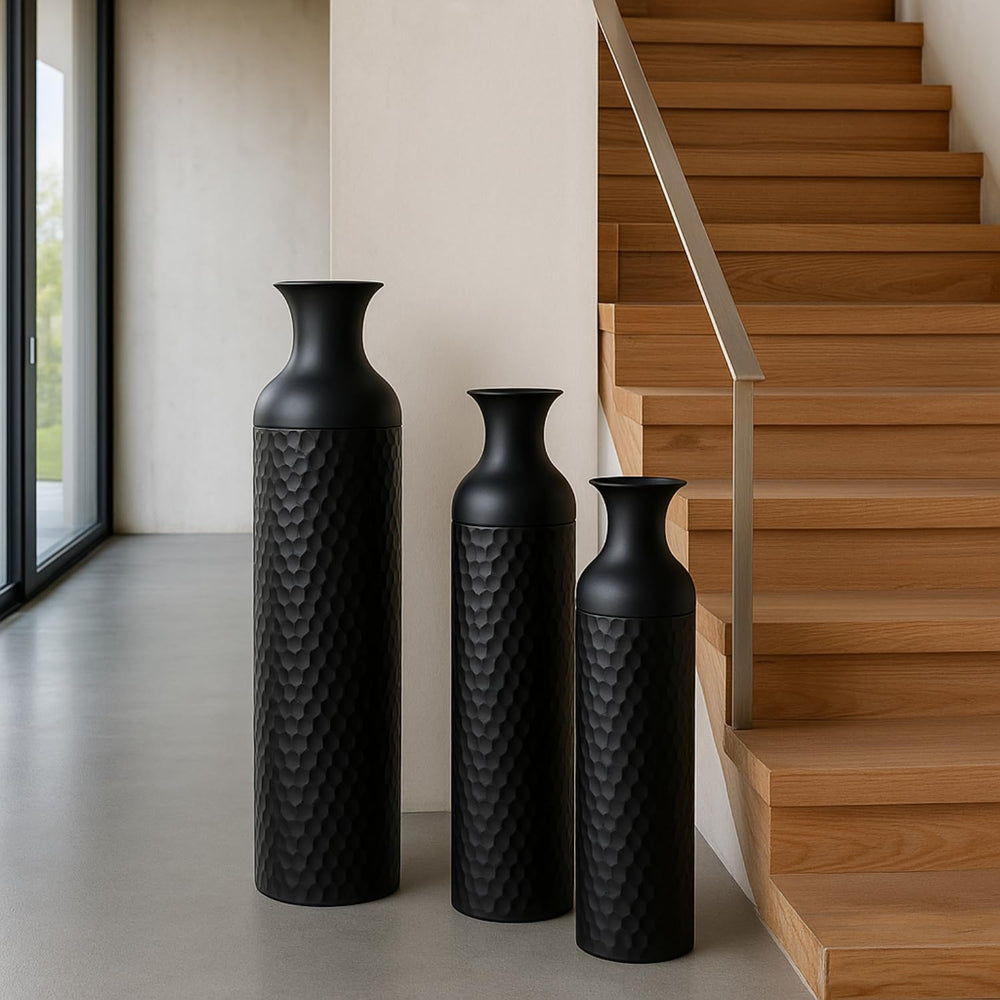 Black Metal Floor Vase Set of 3 – Honeycomb Texture