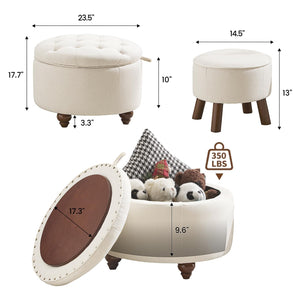 Round Storage Ottoman Set of 2 with Removable Lid & Small Stool
