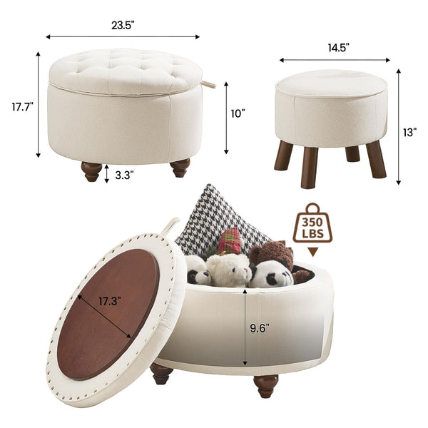 Round Storage Ottoman Set of 2 with Removable Lid & Small Stool