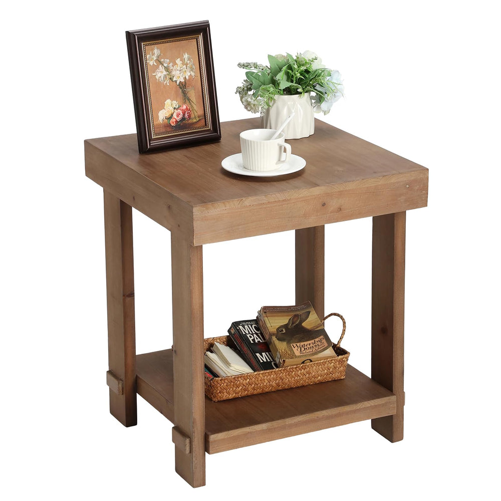 Solid Wood End Table Set of 2 with 2-Tier Storage