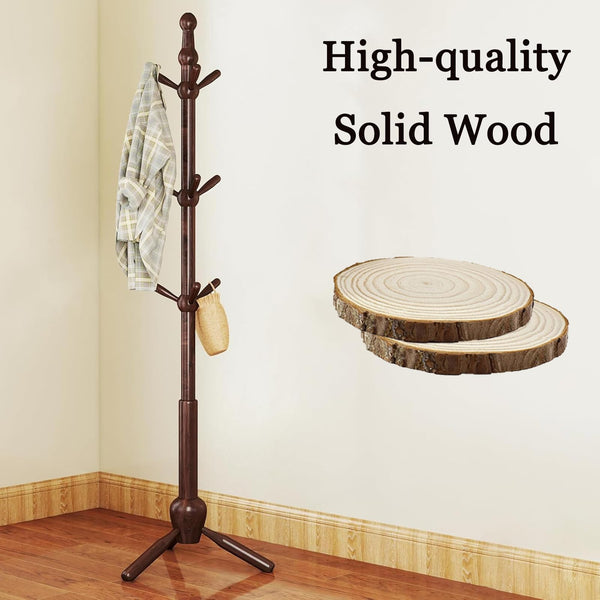 Solid Wood Coat Rack Stand with 9 Hooks & Adjustable Height