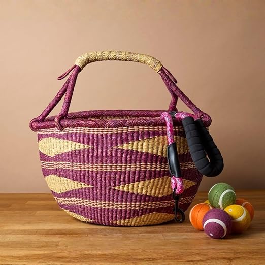 Round Wicker Storage Basket with Handle – Boho Elephant Grass Weave