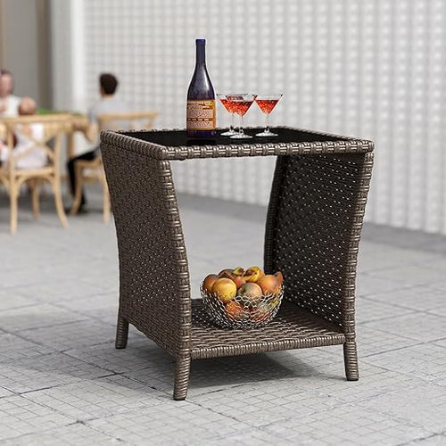 Outdoor Wicker Side Table Set of 2 with Tempered Glass Top & Storage Shelf