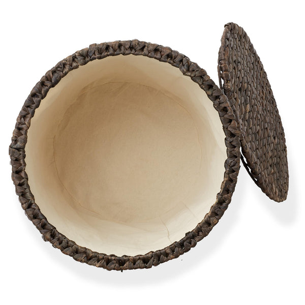 Casafield Round Rolling Storage Basket with Lid - Espresso, Handwoven Water Hyacinth Rolling Hamper Storage Bin on Wheels for Living Room, Bedroom, Bathroom, Laundry
