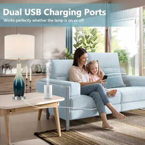 26in Tall Glass Table Lamps Set of 2 with USB Ports & LED Nightlight