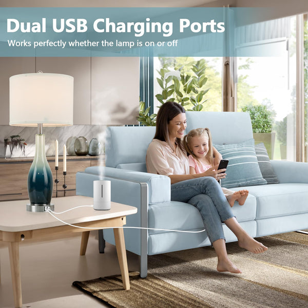 26in Tall Glass Table Lamps Set of 2 with USB Ports & LED Nightlight