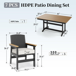 7-Piece HDPE Outdoor Dining Set with Wicker Rattan Chairs & Waterproof Cushions