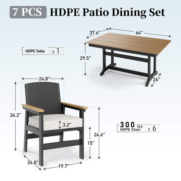 7-Piece HDPE Outdoor Dining Set with Wicker Rattan Chairs & Waterproof Cushions