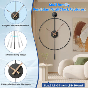 Large Modern Pendulum Wall Clock – Metal Dial with Walnut Pointers