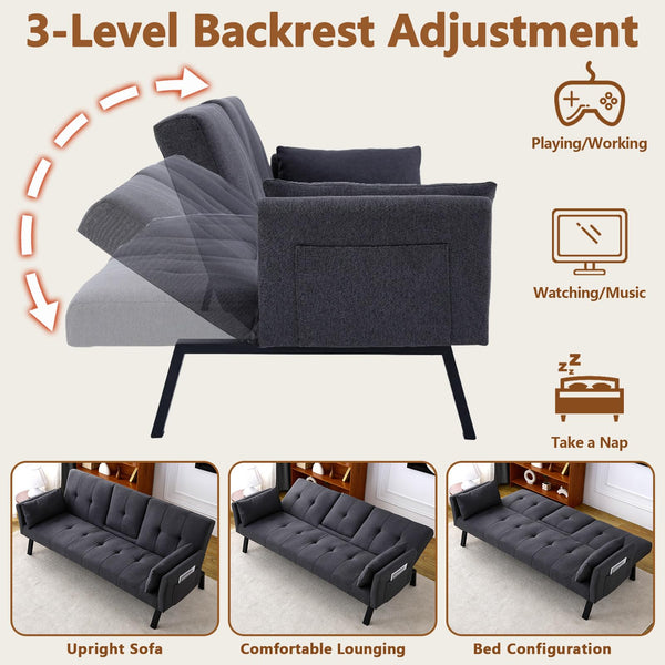 Convertible Velvet Futon Sofa Bed with Cup Holder