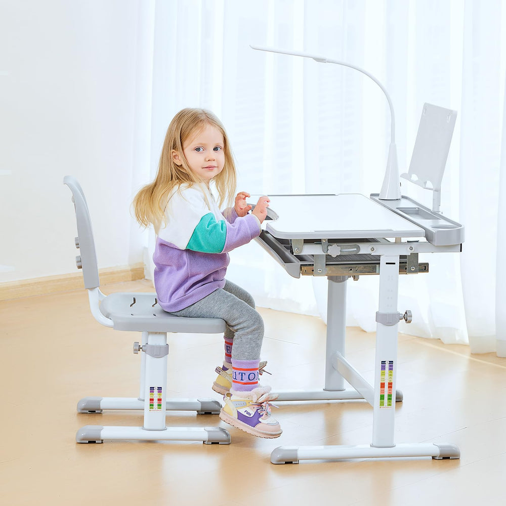 Kids Ergonomic Desk & Chair Set – Tilt Desktop, LED Light, Book Stand & Storage Drawer