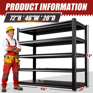 TXTDPL 5-Tier Garage Shelving,Storage Shelves 3000 LBS, Metal Garage Shelving Easy Assembly, Adjustable Garage Storage Organization Shelf for Warehouse, Basement, Pantry, Black (72''HX46''WX20''D)