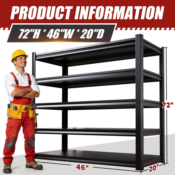 TXTDPL 5-Tier Garage Shelving,Storage Shelves 3000 LBS, Metal Garage Shelving Easy Assembly, Adjustable Garage Storage Organization Shelf for Warehouse, Basement, Pantry, Black (72''HX46''WX20''D)