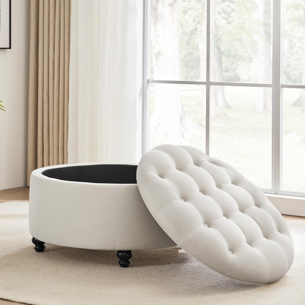 Round Storage Ottoman with Button Tufted Lid – 30 Inch Upholstered Footrest