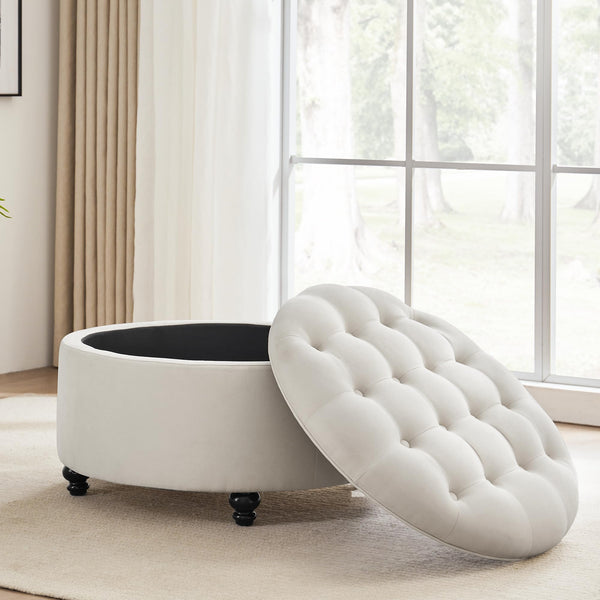 Round Storage Ottoman with Button Tufted Lid – 30 Inch Upholstered Footrest