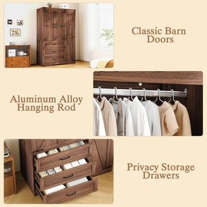 Farmhouse Armoire Wardrobe with Drawers & Hanging Rod