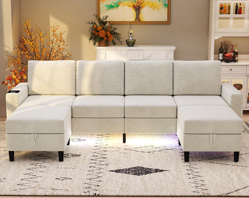 U-Shaped Sectional Sofa with LED Lights, Wireless Charging & Storage Ottomans