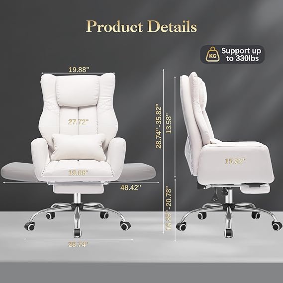 forveolux High Back Executive Office Chair with Footrest, Reclining PU Leather, Lumbar Support, Criss Cross Style, 155° Recline (Beige)